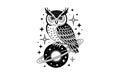 Black and white owl perched on a ringed planet with stars Royalty Free Stock Photo