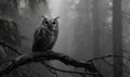 A black and white owl is perched on a tree branch in a forest Royalty Free Stock Photo
