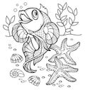 Black and white page for baby coloring book. Illustration of cute fairy-tale fish swimming underwater. Printable template for kids