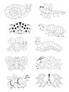 Black and white page for baby coloring book. Set of different cute insects. Printable template for kids. Royalty Free Stock Photo