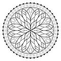 Black and white page for coloring book. Fantasy drawing of beautiful Gothic rose window with stained glass.