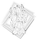 Black and white page coloring book. Fantasy illustration of beautiful irises flowers. Print for fabric, decoration and tattoo.