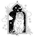 Black and white page coloring book. Fantasy illustration of fairyland tiger from ancient eastern legend.