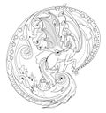 Black and white page coloring book. Fantasy illustration of Pegasus from ancient legend. Fairyland horse. Print for fabric and
