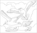 Black and white page for coloring. Fantasy drawing of flying seagulls.