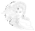 Black and white page for coloring. Fantasy drawing of woman portrait with fashionable hairstyle. Advertising poster for hairdresse