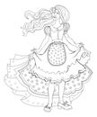 Black and white page for kids coloring book. Illustration of beautiful little princess in fashionable dress. Royalty Free Stock Photo