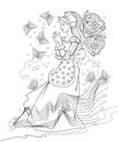 Black and white page for kids coloring book. Illustration of beautiful little fairy paying with butterflies. Printable worksheet Royalty Free Stock Photo