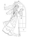 Black and white page for kids coloring book. Illustration of beautiful medieval princess reading love letter. Printable worksheet