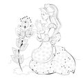 Black and white page for kids coloring book. Illustration of beautiful princess looking at blooming flower. Fantasy fairy playing Royalty Free Stock Photo