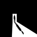 black and white paint a man stand in front of the door into the dark room represents Royalty Free Stock Photo