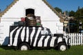 Black and White Painted Old Vintage Car Loaded Old Case Electronic Equipments Stays on Green Grasses