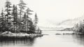 Hyperrealistic Black And White Drawing Of Pine Trees By The Lake Royalty Free Stock Photo
