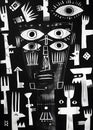 a black and white painting of a face with a lot of different objects on it Royalty Free Stock Photo