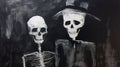 Moody Black And White Painting Of Two Skeletons In A Hat