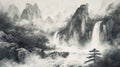 Black and White Painting of Majestic Waterfall in Nature