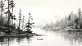 Serene Black And White Painting Of Trees On Water