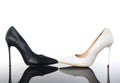 Black and white high heels pointed woman stiletto shoes on reflective floor. Royalty Free Stock Photo