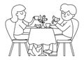 Black and white pair sitting by the table, eating croissants and drinking coffee or tea. Vector line illustration with French