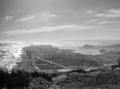 Black and white panorama of the mouth of the Imperial River in Puerto Saavedra. Chile.