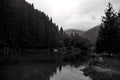 Black and white Panorama of natural landscape with lake, forest and mountains in a rainy day background. Foggy morning with hills. Royalty Free Stock Photo