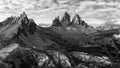 Black and white panorama of Tre Cime and Monte Paterno