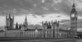 Black And White Panoramic View Of The Houses Of Parliament, Palace Of Westminster And Westminster Bridge.