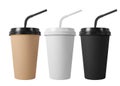 Black, white and paper coffee cups with lids and drinking straw. Closed paper cup. Realistic vector mockup. Royalty Free Stock Photo