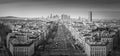 Black and white Paris cityscape panorama with view to La Defense metropolitan district, France. Champs-Elysee avenue, beautiful