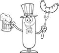 Black And White Patriotic Sausage Cartoon Character Holding A Beer And Weenie On A Fork