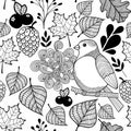 Black and white pattern bird on the branch and autumn leaves.