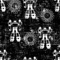 black and white pattern for boys with robots, grunge texture and circles
