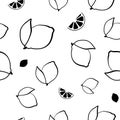 Black and white pattern with outline lemon. Seamless pattern with lemon and slice.