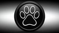 Black and white paw print icon inside a glossy, round button on a gradient background. Royalty Free Stock Photo