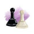 Black and white pawns chess pieces on light purple lavender splash stroke watercolor illustration for club advertisement