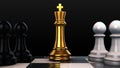 Black and white pawns with gold king on chess board Royalty Free Stock Photo