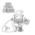 Black and white pCute funny cartoon character christmas elf with Royalty Free Stock Photo