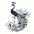 Black And White Peacock With Floral And Decorative Patterns In Flowing Silhouettes