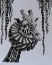 Black and white pen drawing, cute giraffe in renaissance clothes.