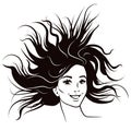 Black and white pen and ink style fashion female portrait. Attractive smiling confident young woman with long flowing windswept h