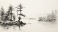 Black And White Sketch Of Pine Trees Along Water