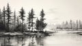 Black And White Sketch Of Pine Trees Along Water Royalty Free Stock Photo