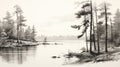 Black And White Pencil Drawing Of Pine Trees By The Lake Royalty Free Stock Photo