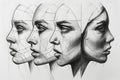 Black and white pencil drawing of three faces with different expressions, each depicting the same womans face in profile view Royalty Free Stock Photo