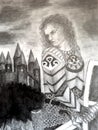 Pencil drawing, knight in armor on the background of the castle