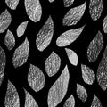 Black and white pencil textured seamless pattern. Floral stylish background with graphic leaves