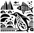Black and White Penguin Fish and Mountain Illustration Royalty Free Stock Photo