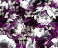 Black and white peonies with purple texture feathers
