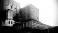 Black and white photo of abandoned en obsolete buildings on the Beringen coal mine series limburg Belgium Royalty Free Stock Photo
