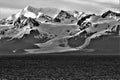 Black and white photo of Alaskan mountains and glacier